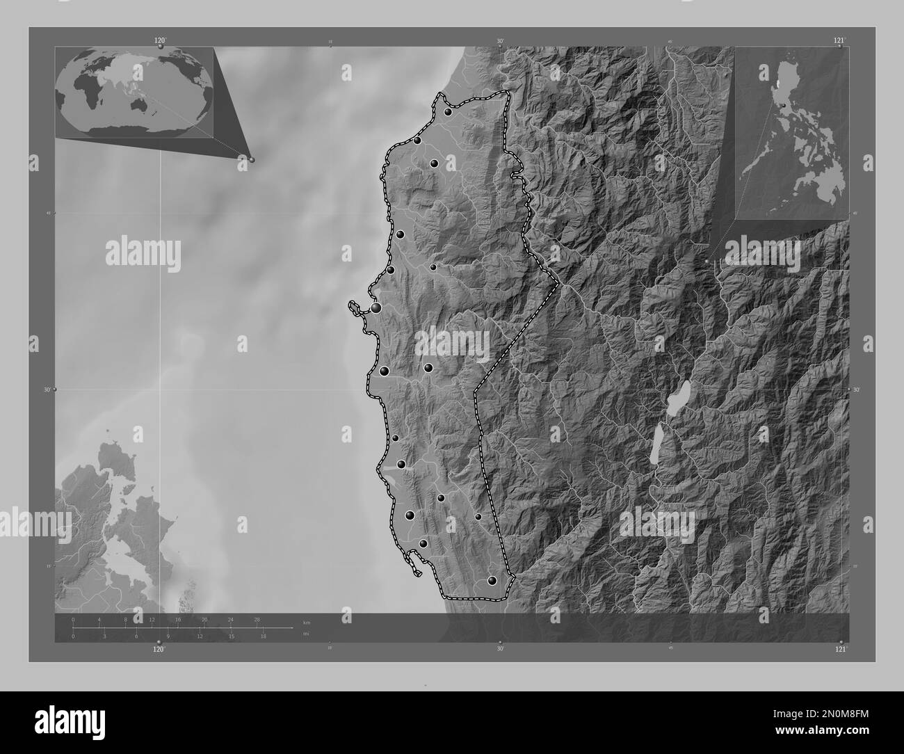 La Union, province of Philippines. Grayscale elevation map with lakes and rivers. Locations of major cities of the region. Corner auxiliary location m Stock Photo