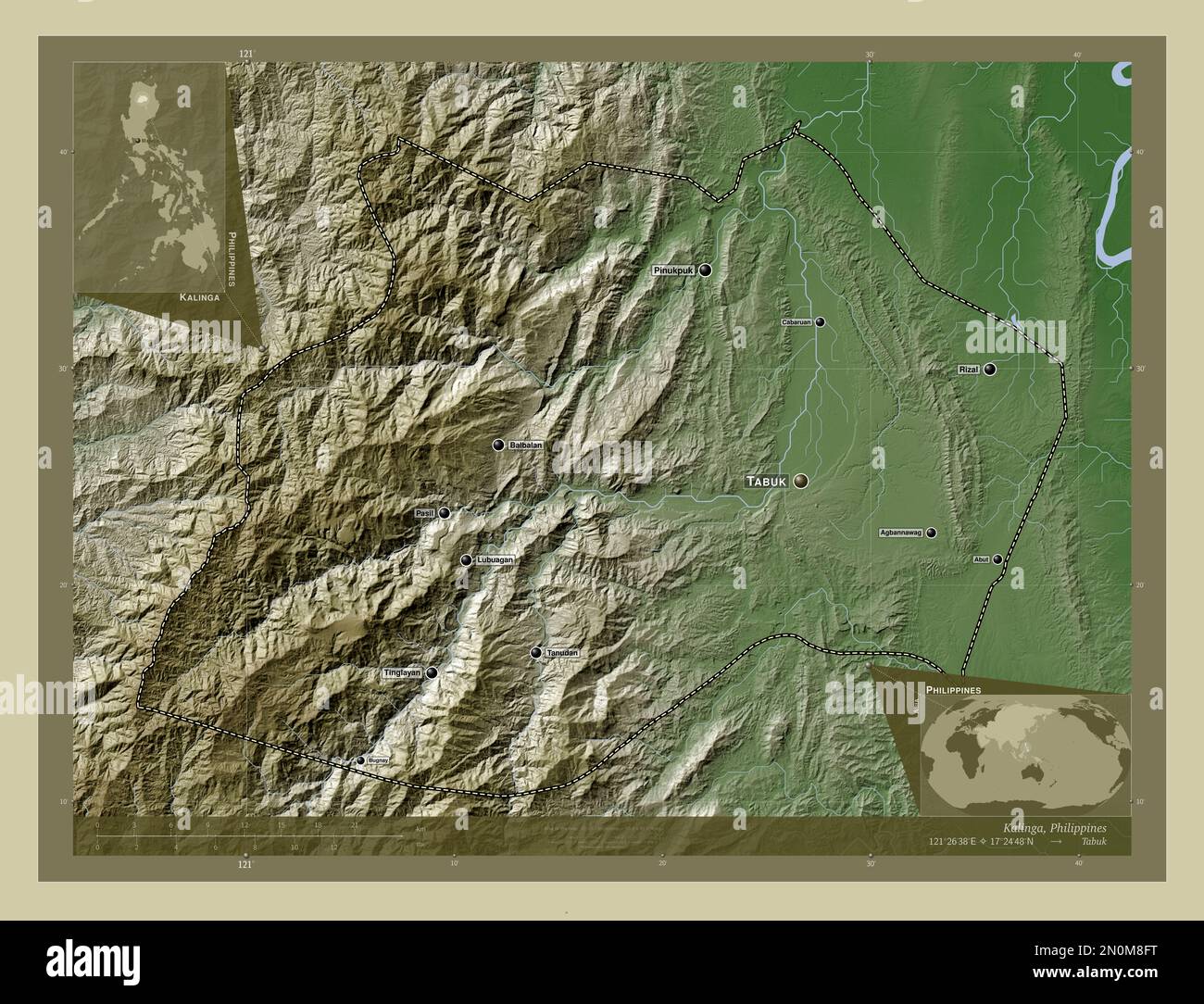 Kalinga, province of Philippines. Elevation map colored in wiki style with lakes and rivers. Locations and names of major cities of the region. Corner Stock Photo