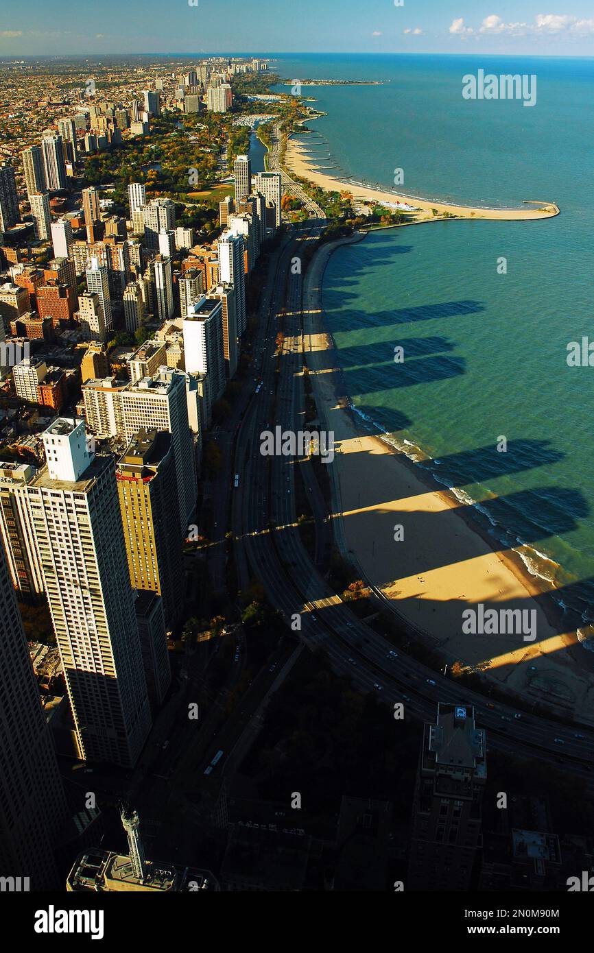 The buildings of Chicago’s lakefront extend onto Lake Michigan Stock Photo