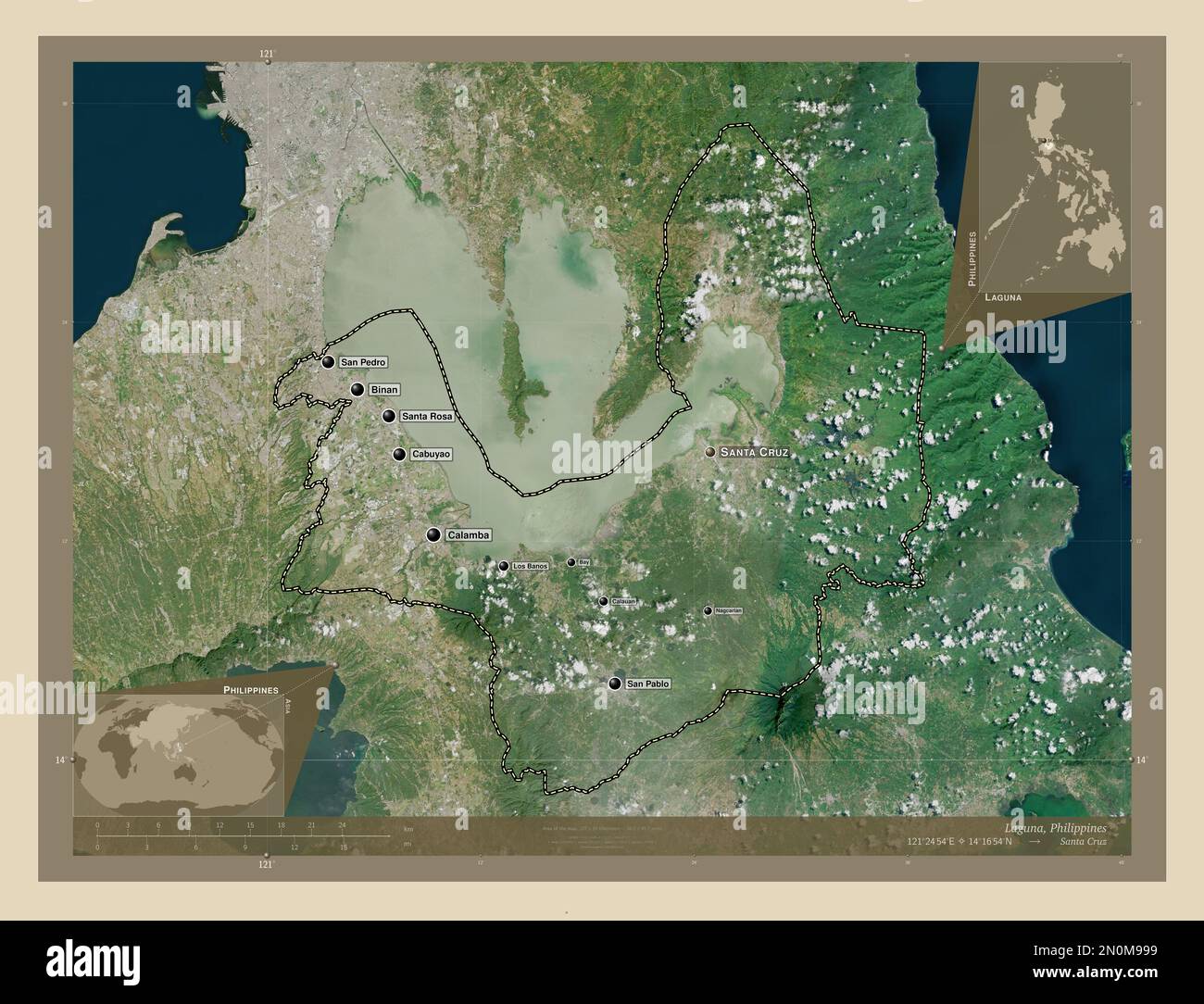 Laguna, province of Philippines. High resolution satellite map. Locations and names of major