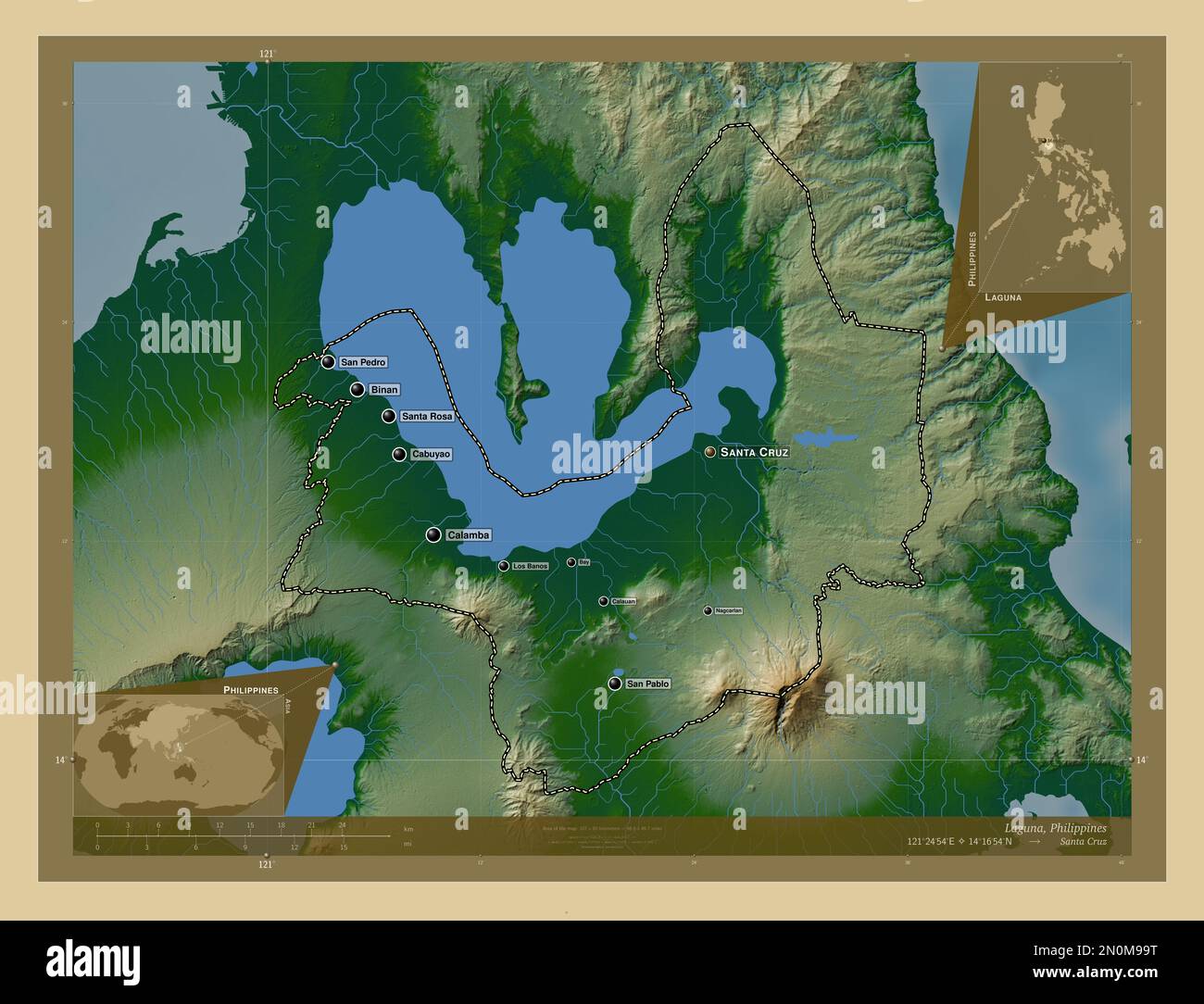 Laguna, province of Philippines. Colored elevation map with lakes and rivers. Locations and