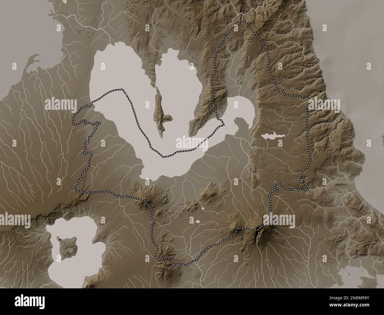 Laguna, province of Philippines. Elevation map colored in sepia tones with lakes and rivers