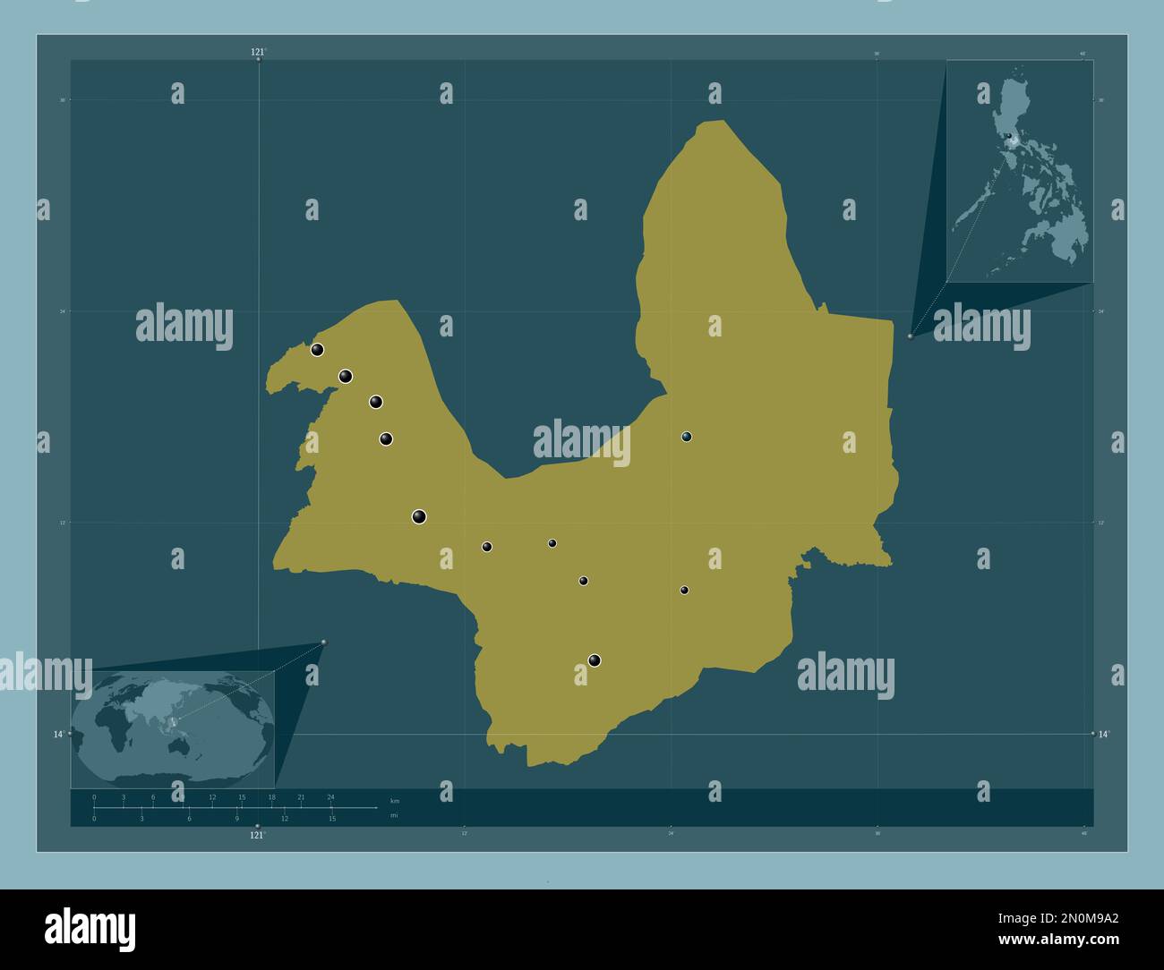 Laguna, province of Philippines. Solid color shape. Locations of major cities of the region