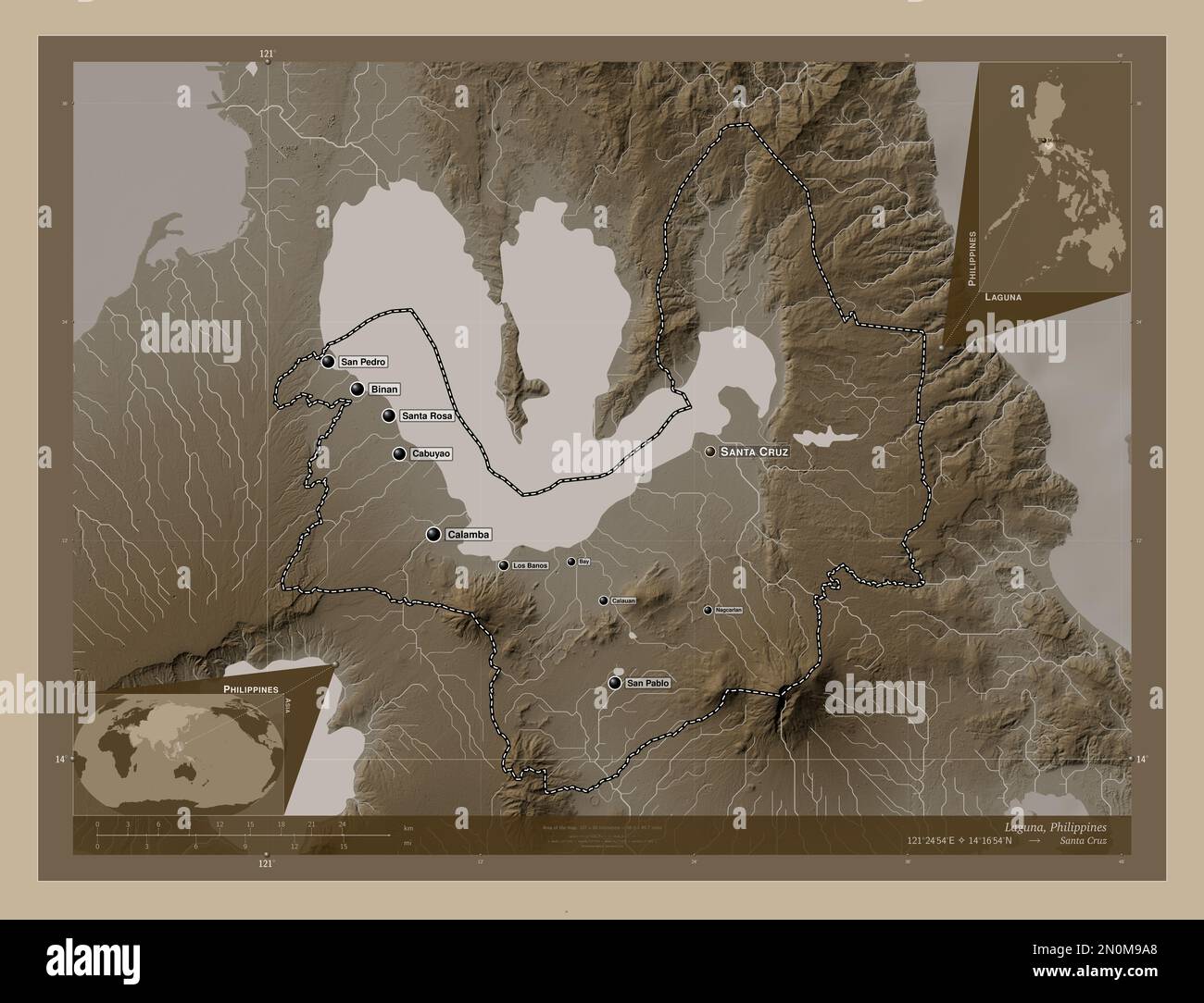 Laguna, province of Philippines. Elevation map colored in sepia tones with lakes and rivers