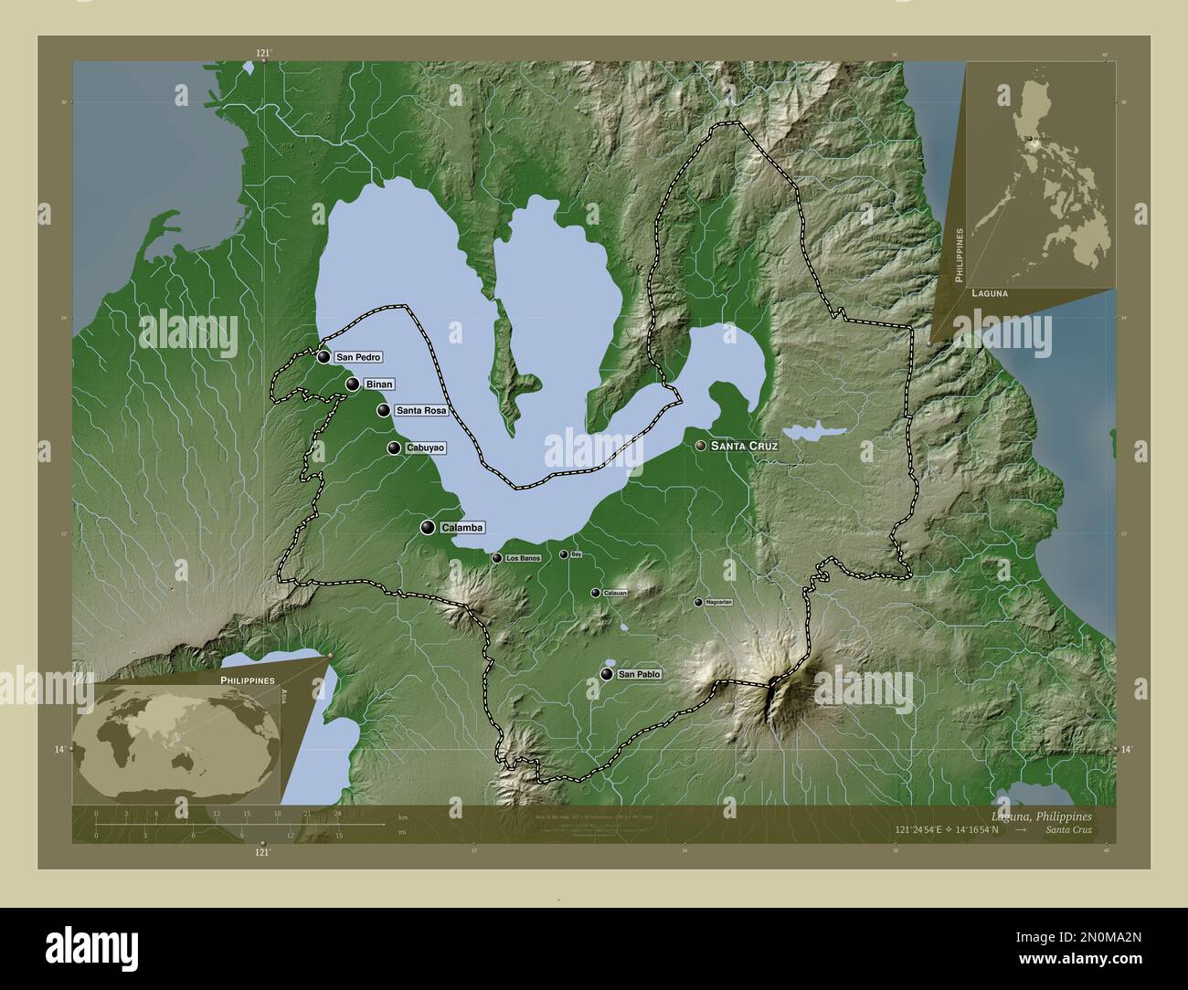 Laguna, province of Philippines. Elevation map colored in wiki style with lakes and rivers