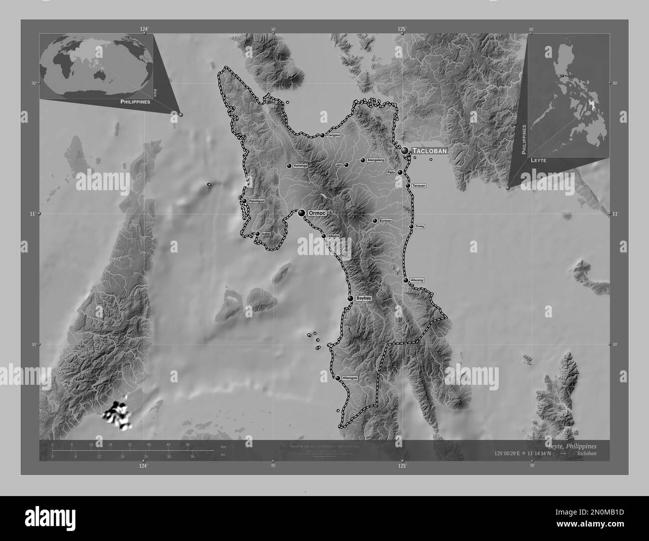 Leyte, province of Philippines. Grayscale elevation map with lakes and rivers. Locations and names of major cities of the region. Corner auxiliary loc Stock Photo