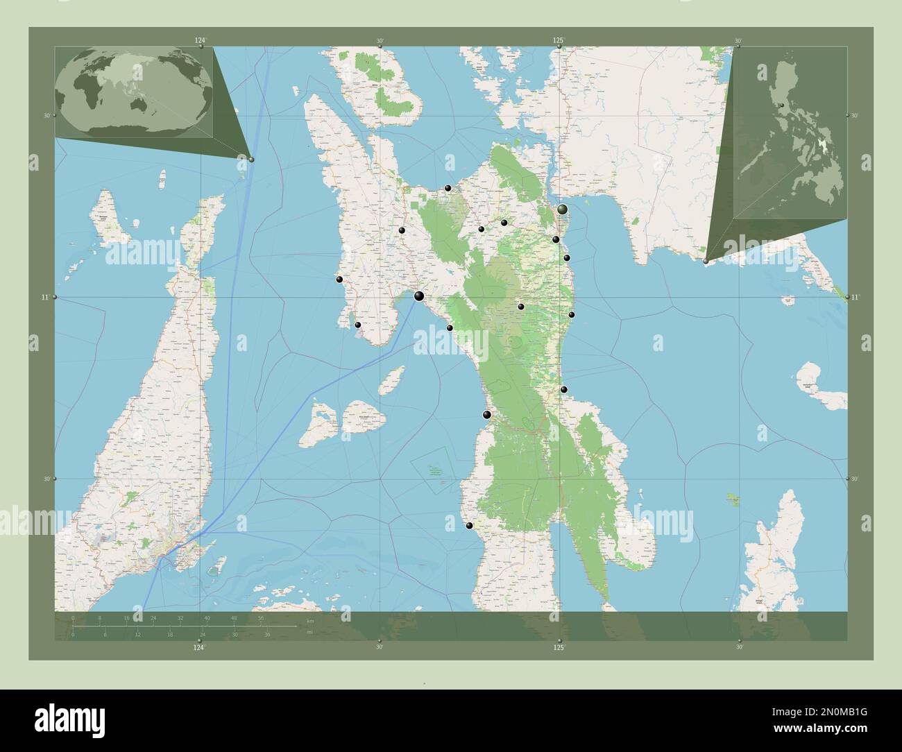 Leyte, province of Philippines. Open Street Map. Locations of major cities of the region. Corner auxiliary location maps Stock Photo