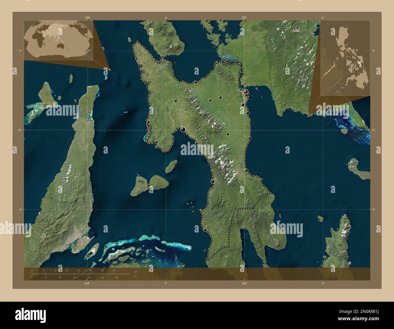 Leyte, province of Philippines. Low resolution satellite map. Locations of major cities of the region. Corner auxiliary location maps Stock Photo