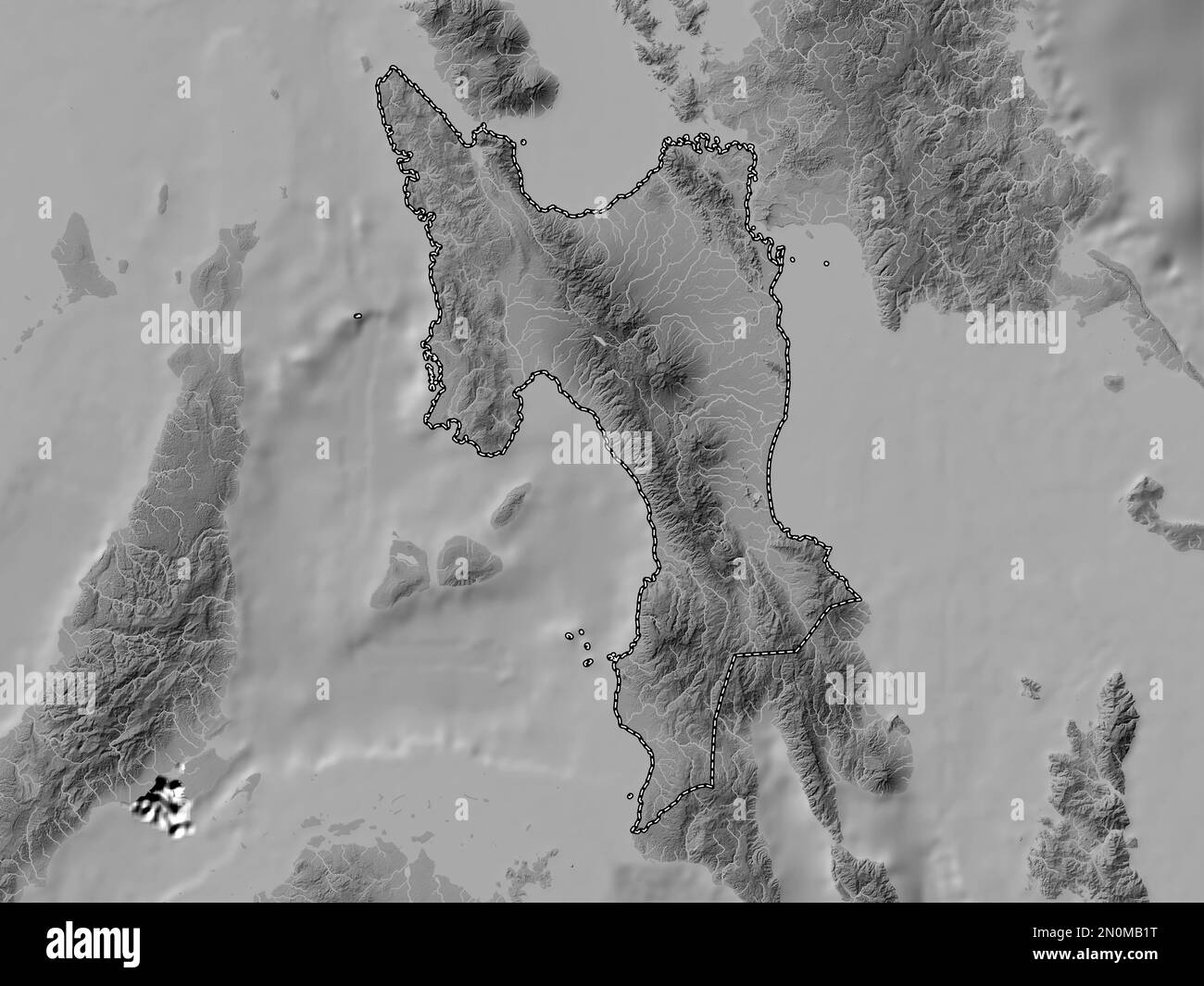 Leyte, province of Philippines. Grayscale elevation map with lakes and rivers Stock Photo