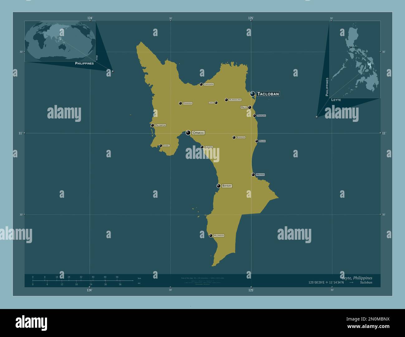 Leyte, province of Philippines. Solid color shape. Locations and names of major cities of the region. Corner auxiliary location maps Stock Photo