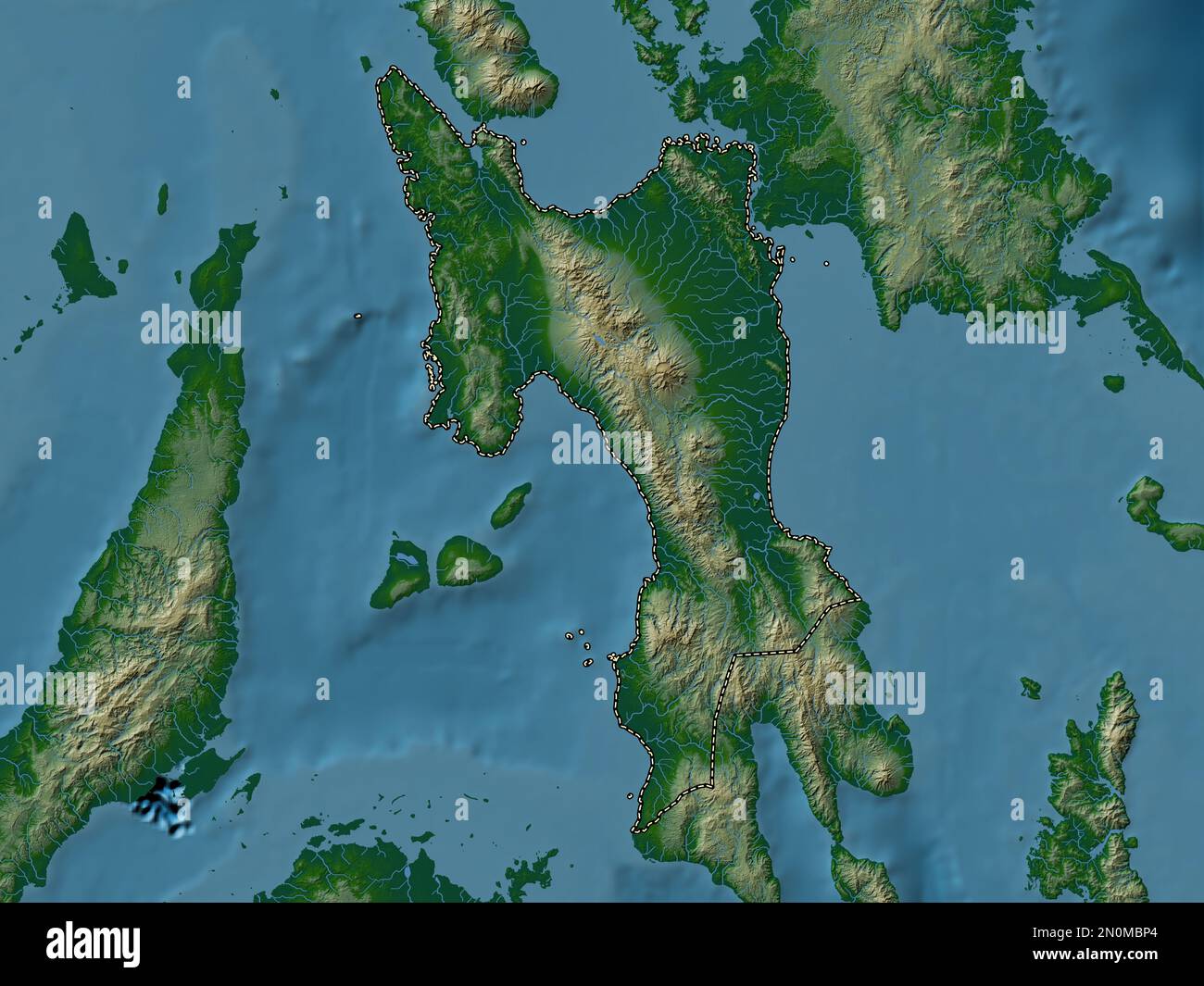 Leyte, province of Philippines. Colored elevation map with lakes and rivers Stock Photo