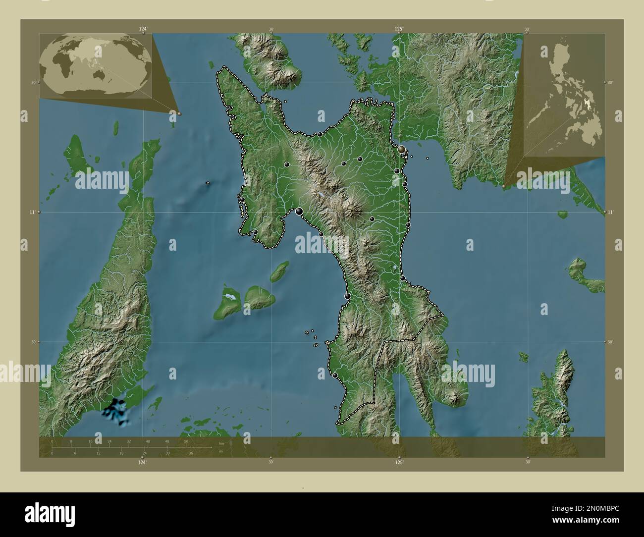 Leyte, province of Philippines. Elevation map colored in wiki style with lakes and rivers. Locations of major cities of the region. Corner auxiliary l Stock Photo