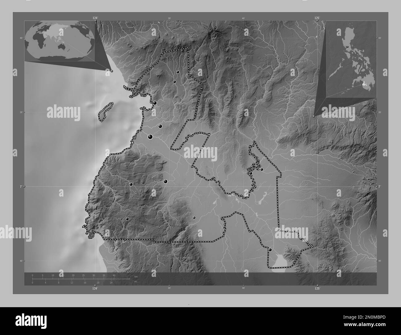 Maguindanao, province of Philippines. Grayscale elevation map with lakes and rivers. Locations of major cities of the region. Corner auxiliary locatio Stock Photo