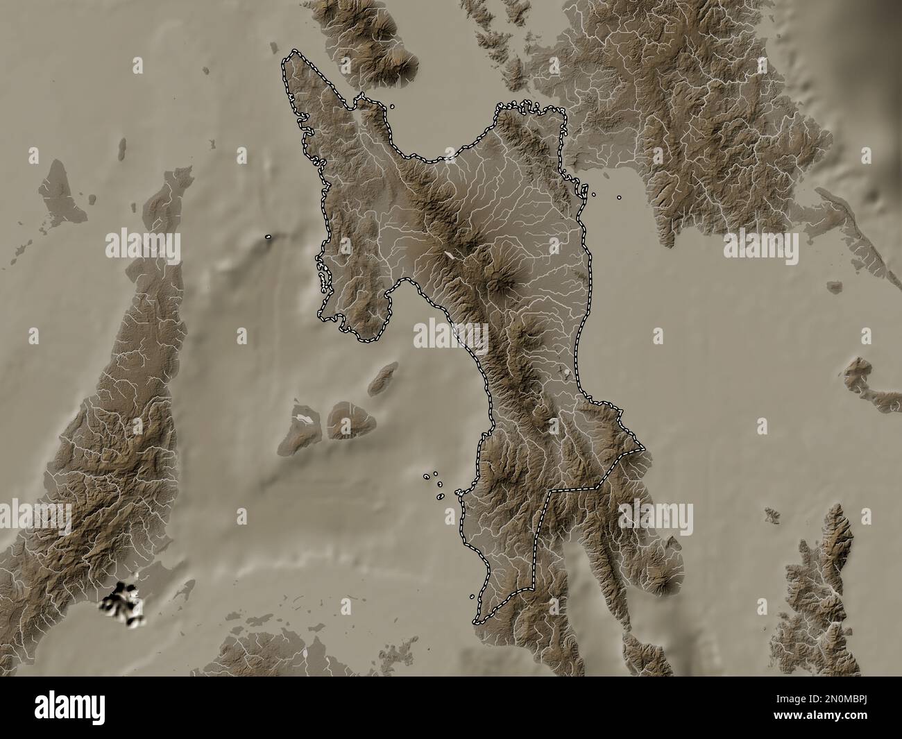 Leyte, province of Philippines. Elevation map colored in sepia tones with lakes and rivers Stock Photo