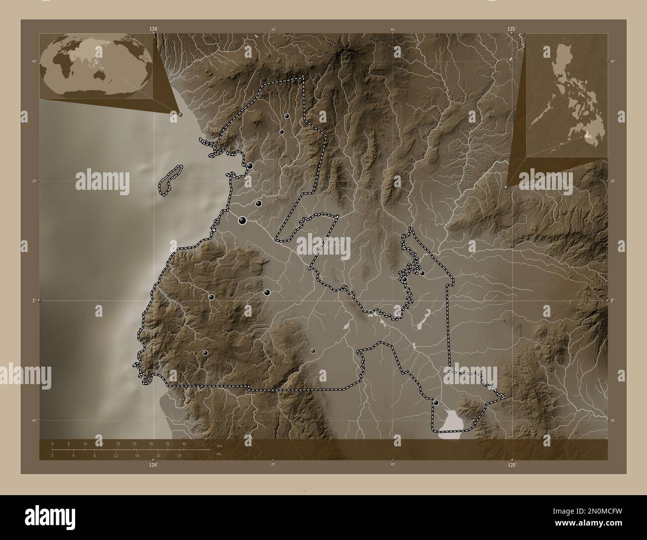 Maguindanao, province of Philippines. Elevation map colored in sepia tones with lakes and rivers. Locations of major cities of the region. Corner auxi Stock Photo