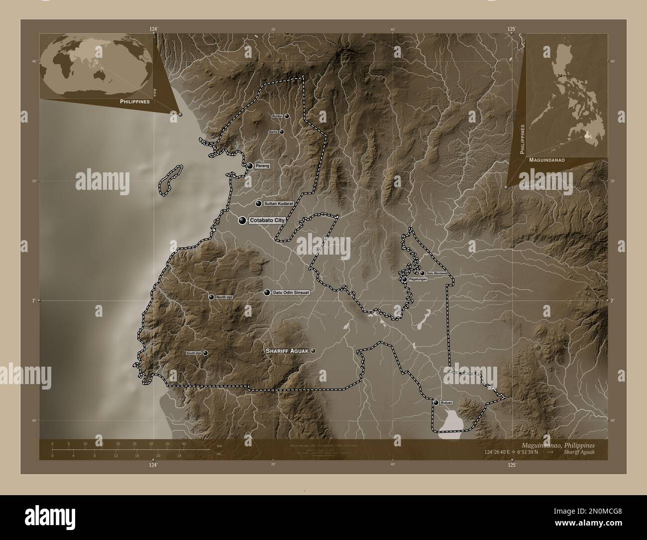 Maguindanao, province of Philippines. Elevation map colored in sepia tones with lakes and rivers. Locations and names of major cities of the region. C Stock Photo