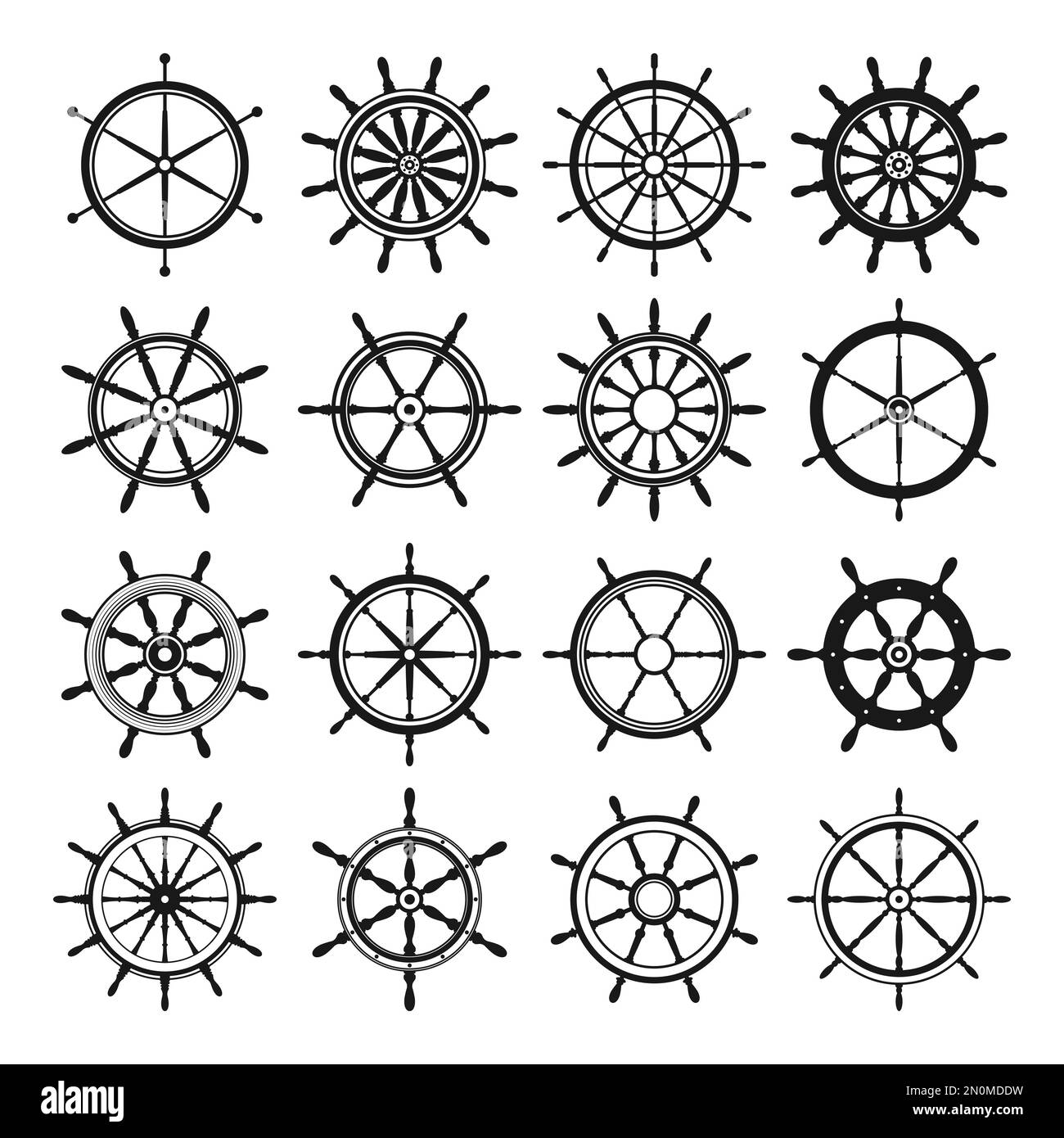 Collection of vintage steering wheels. Ship, yacht retro wheel symbol. Nautical rudder icon