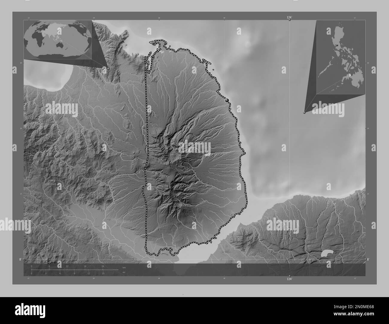 Misamis Occidental, province of Philippines. Grayscale elevation map with lakes and rivers