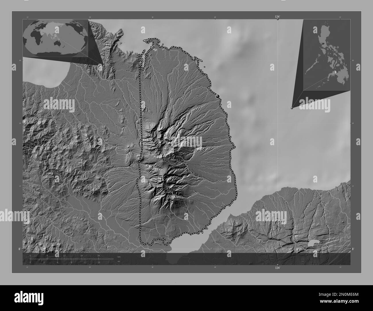 Misamis Occidental, province of Philippines. Bilevel elevation map with lakes and rivers. Corner