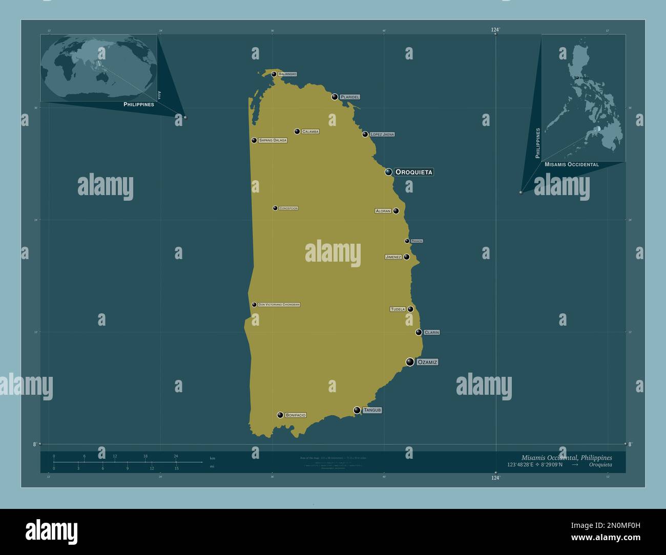 Misamis Occidental, province of Philippines. Solid color shape. Locations and names of major
