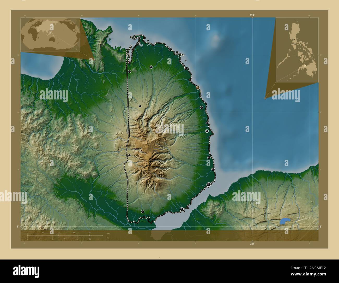 Misamis Occidental, province of Philippines. Colored elevation map with lakes and rivers