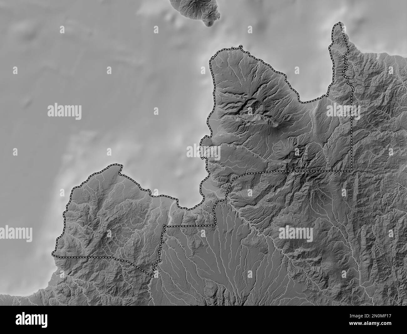 Misamis Oriental, province of Philippines. Grayscale elevation map with lakes and rivers Stock Photo