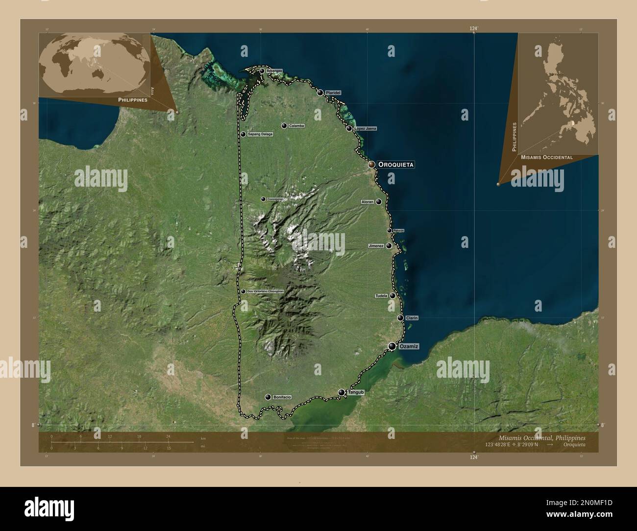 Misamis Occidental, province of Philippines. Low resolution satellite map. Locations and names