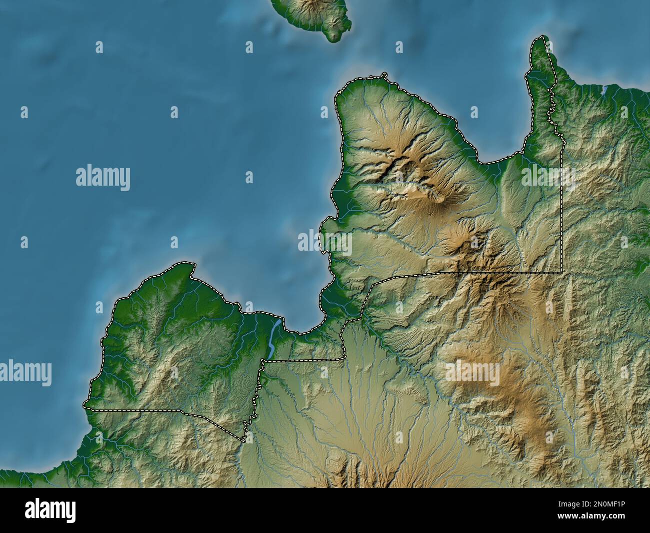 Misamis Oriental, province of Philippines. Colored elevation map with lakes and rivers Stock Photo