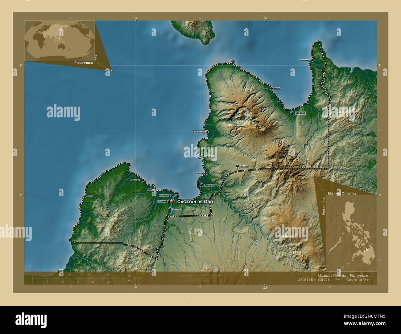 Misamis Oriental, province of Philippines. Colored elevation map with