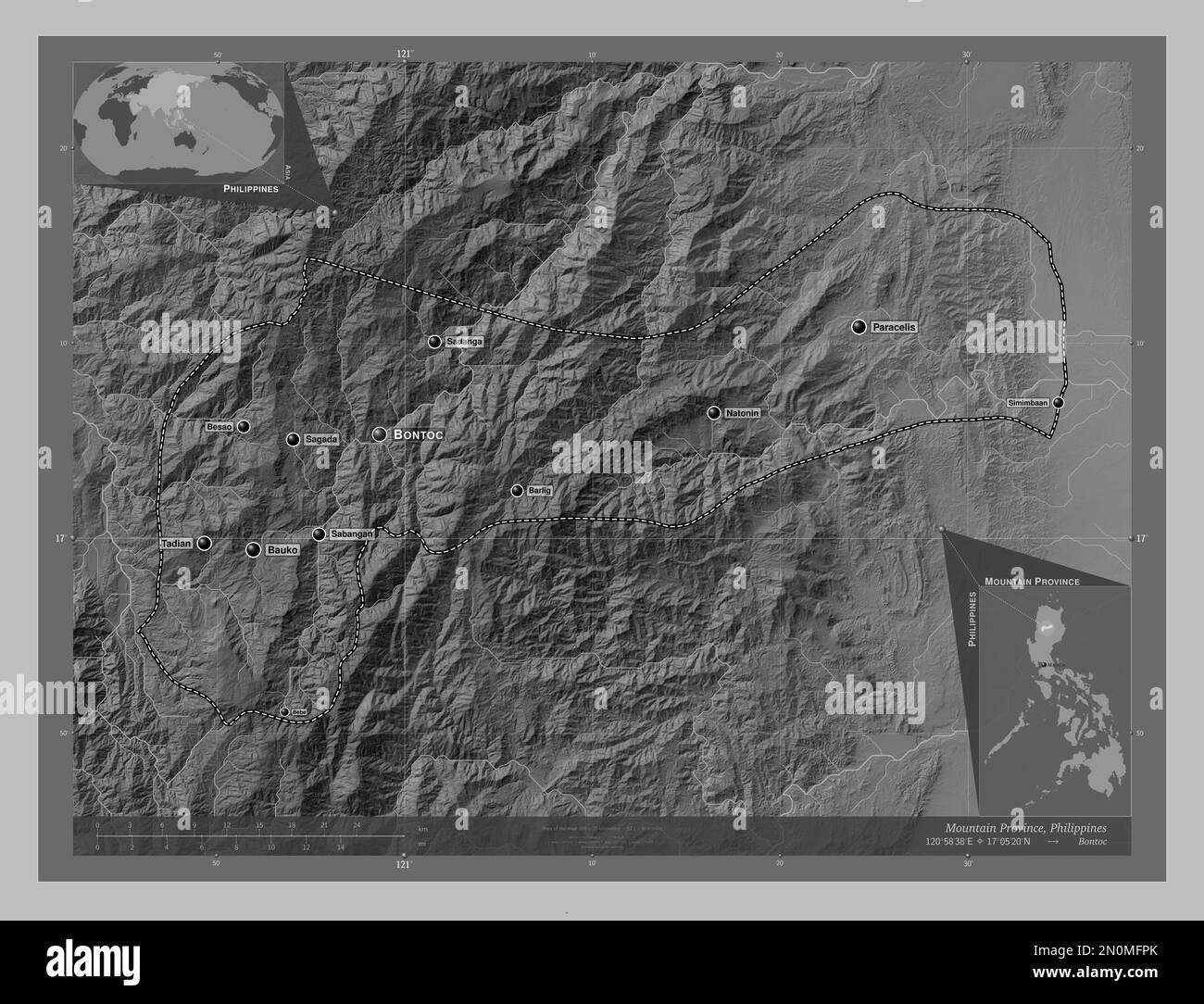 Mountain Province, province of Philippines. Grayscale elevation map with lakes and rivers. Locations and names of major cities of the region. Corner a Stock Photo