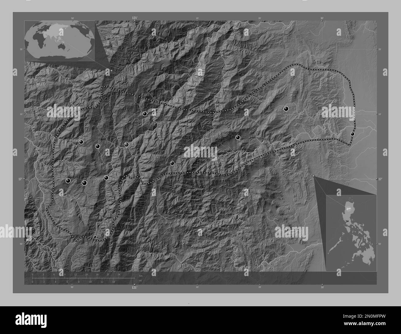 Mountain Province, province of Philippines. Grayscale elevation map with lakes and rivers. Locations of major cities of the region. Corner auxiliary l Stock Photo