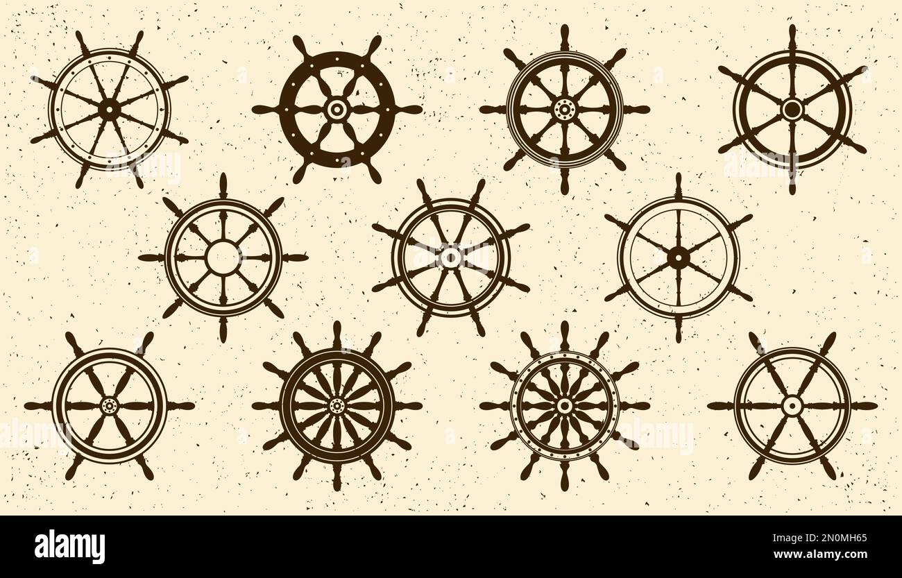 Collection of grunge vintage steering wheels. Ship, yacht retro wheel ...