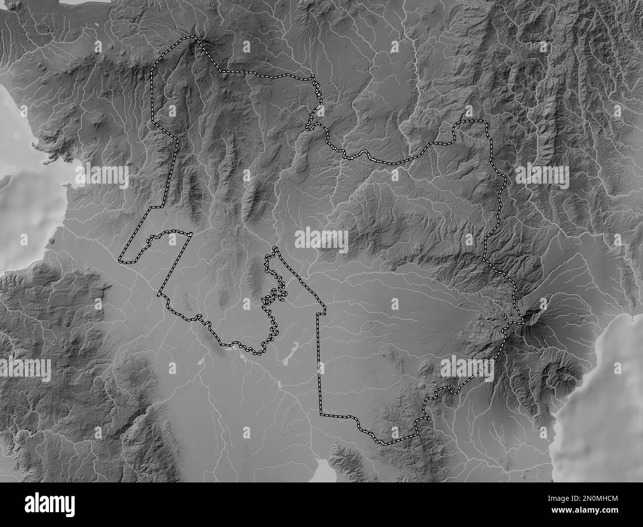 North Cotabato, province of Philippines. Grayscale elevation map with lakes and rivers Stock Photo