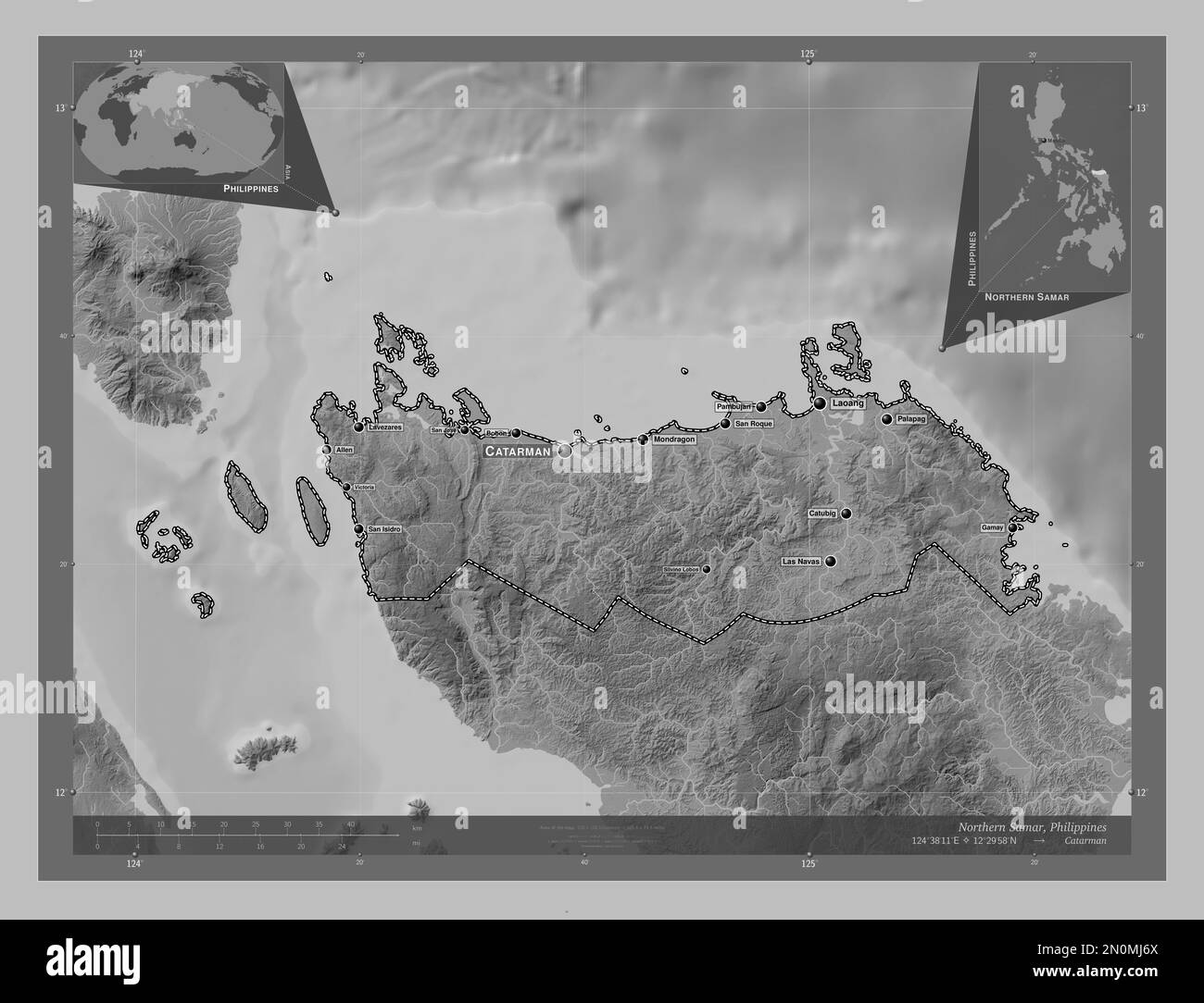 Northern Samar, province of Philippines. Grayscale elevation map with lakes and rivers. Locations and names of major cities of the region. Corner auxi Stock Photo