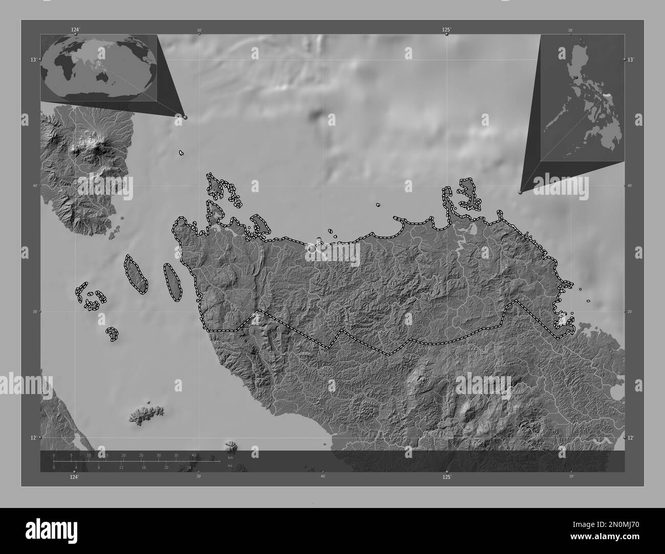 Northern Samar, province of Philippines. Bilevel elevation map with lakes and rivers. Corner auxiliary location maps Stock Photo