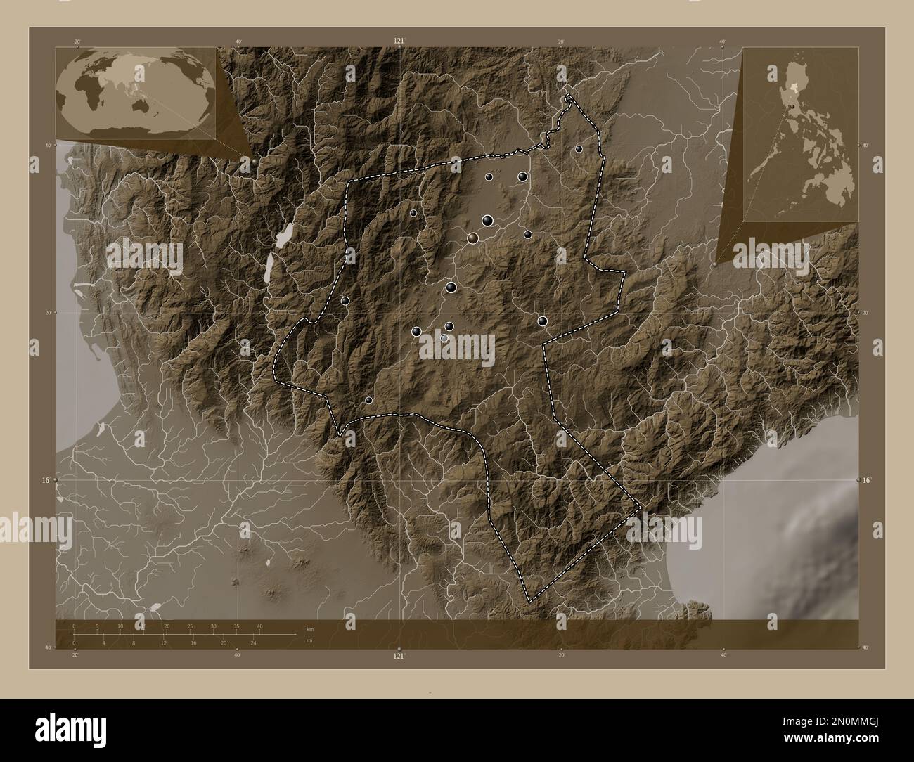 Nueva Vizcaya, province of Philippines. Elevation map colored in sepia ...