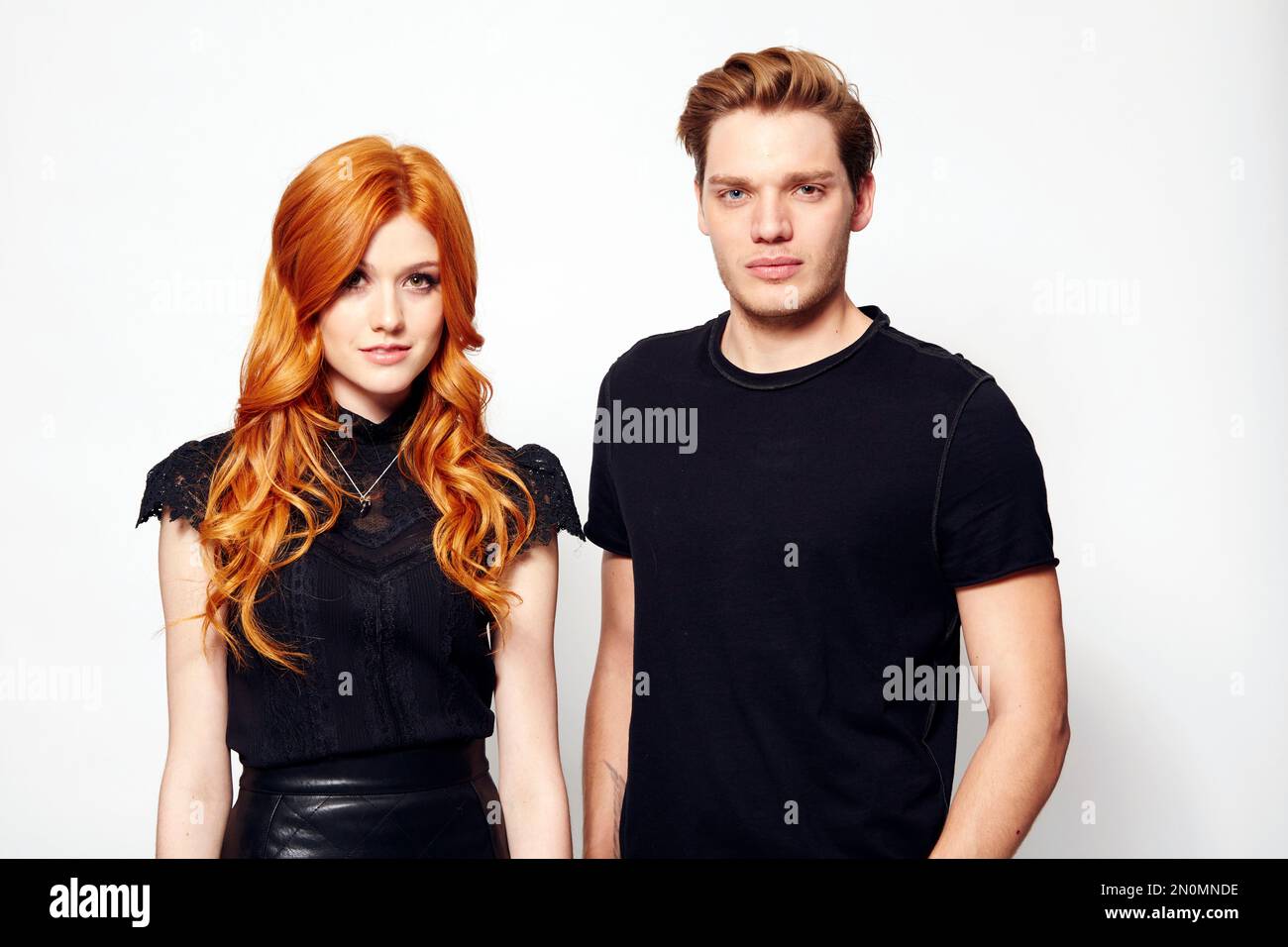 Katherine McNamara, left, and Dominic Sherwood pose for a portrait on