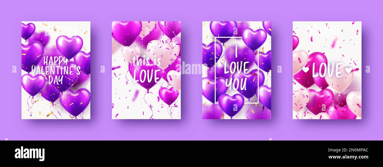 Valentine's Day banners with violet heart balloons and text. Wedding ...