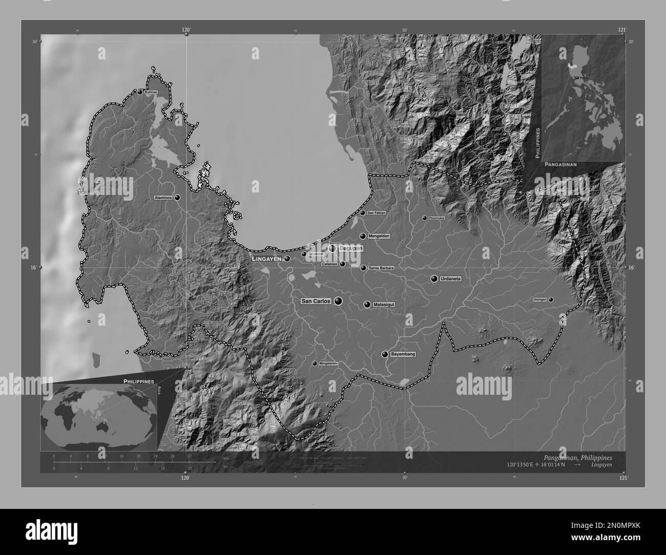 Pangasinan, province of Philippines. Bilevel elevation map with lakes and rivers. Locations and names of major cities of the region. Corner auxiliary Stock Photo