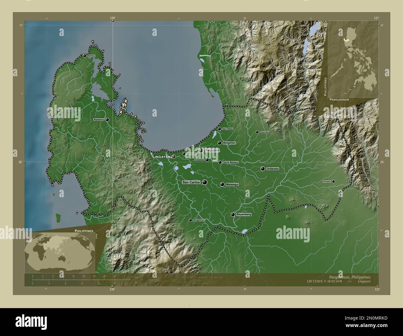 Pangasinan, province of Philippines. Elevation map colored in wiki style with lakes and rivers. Locations and names of major cities of the region. Cor Stock Photo