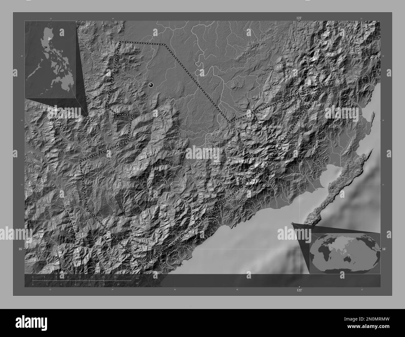 Quirino, province of Philippines. Bilevel elevation map with lakes and