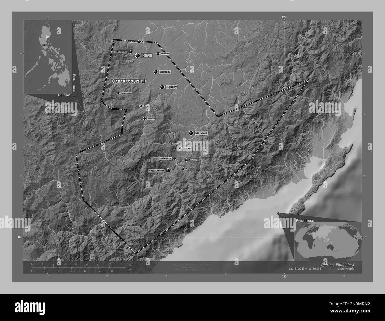 Quirino, province of Philippines. Grayscale elevation map with lakes and rivers. Locations and names of major cities of the region. Corner auxiliary l Stock Photo