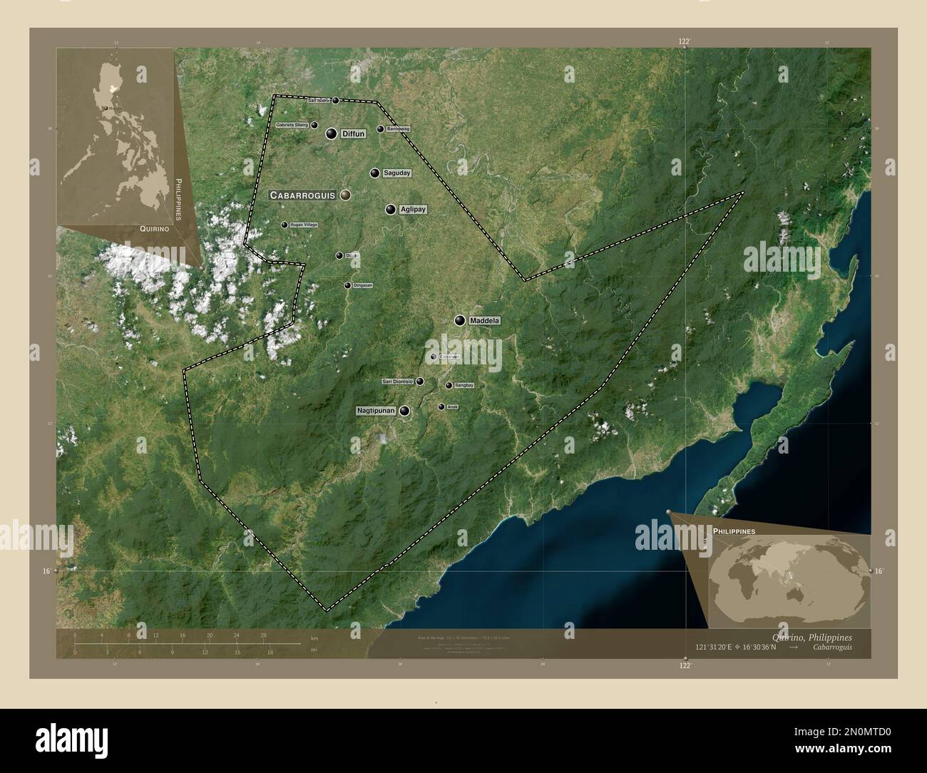 Quirino, province of Philippines. High resolution satellite map. Locations and names of major cities of the region. Corner auxiliary location maps Stock Photo