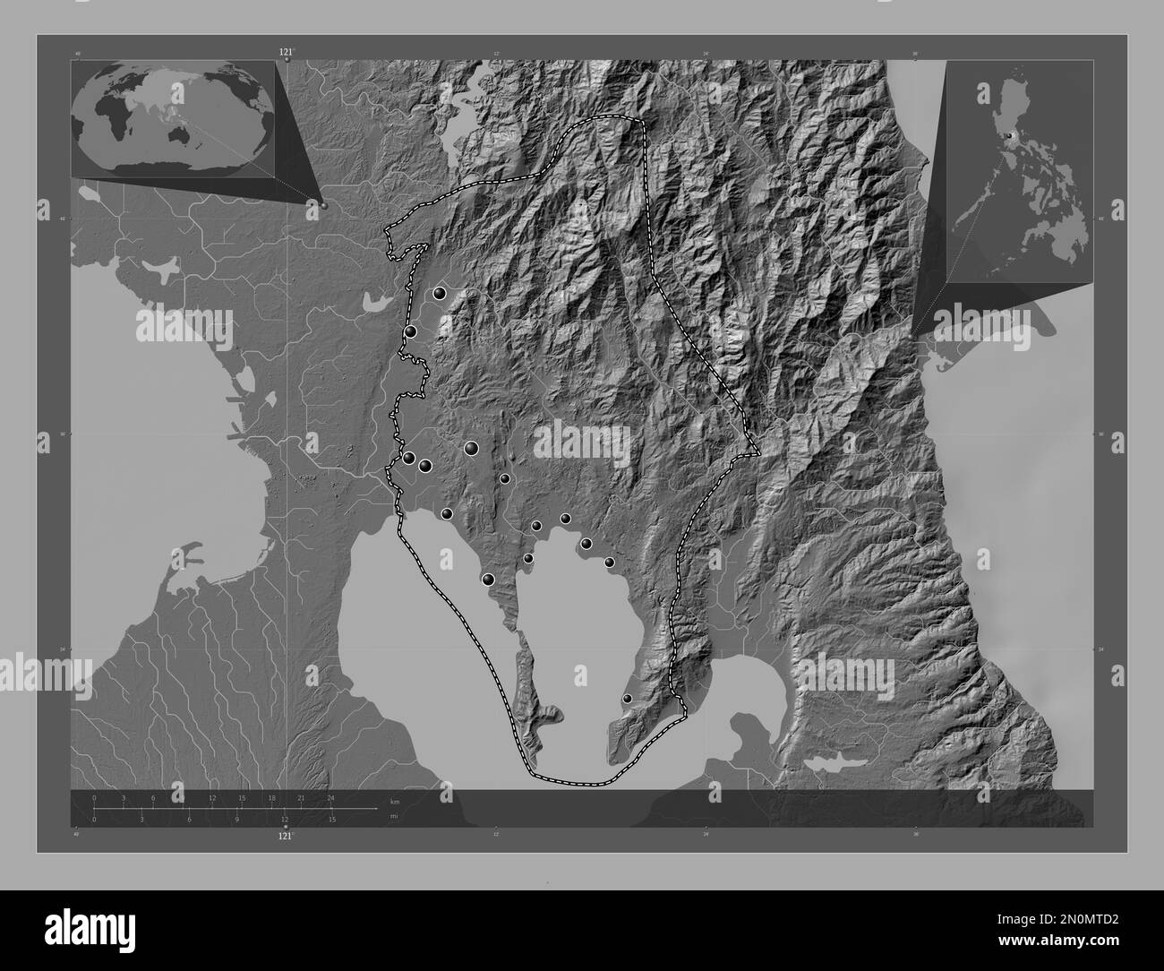 Rizal, province of Philippines. Bilevel elevation map with lakes and rivers. Locations of major cities of the region. Corner auxiliary location maps Stock Photo