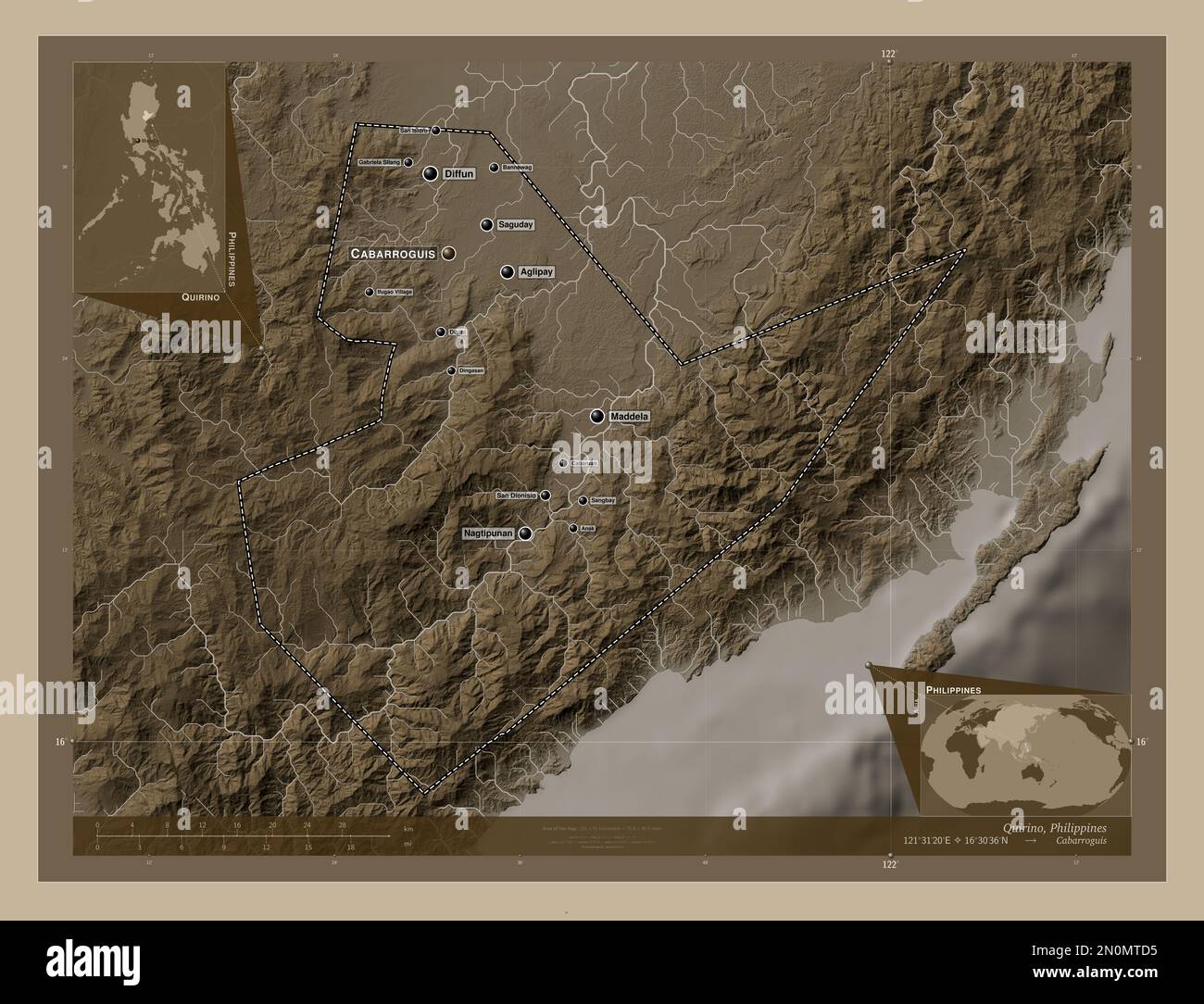 Quirino, province of Philippines. Elevation map colored in sepia tones with lakes and rivers. Locations and names of major cities of the region. Corne Stock Photo