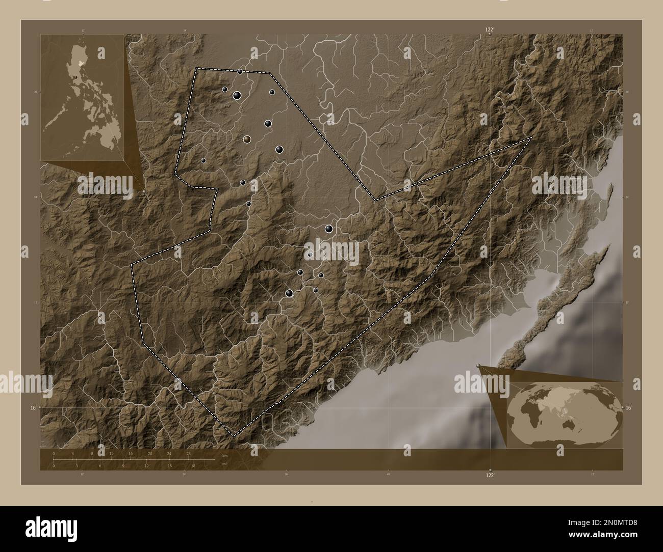 Quirino, province of Philippines. Elevation map colored in sepia tones with lakes and rivers. Locations of major cities of the region. Corner auxiliar Stock Photo