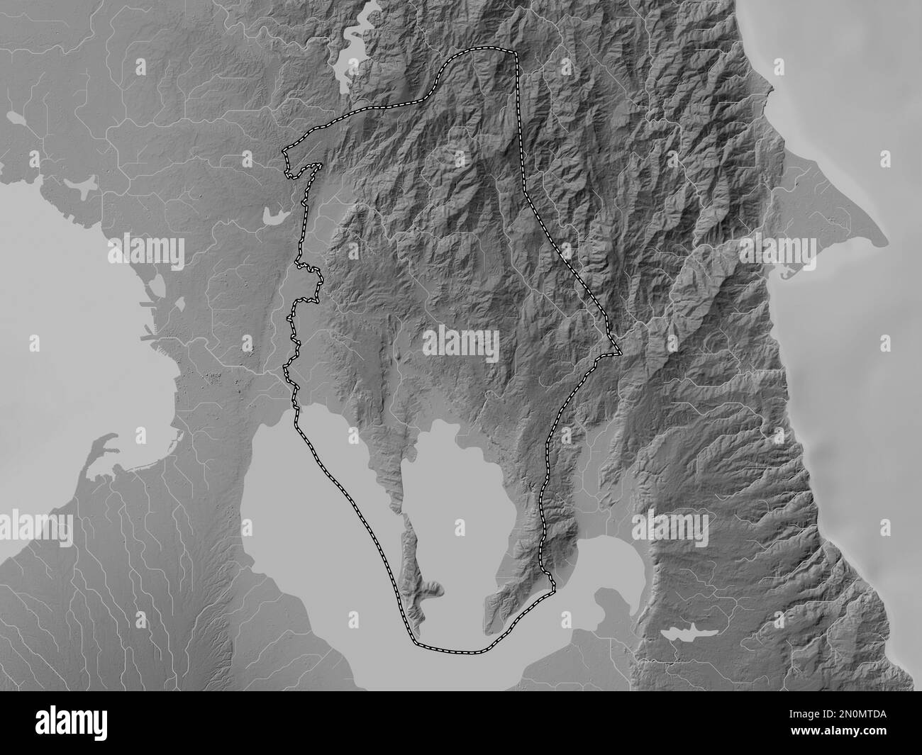 Rizal, province of Philippines. Grayscale elevation map with lakes and rivers Stock Photo