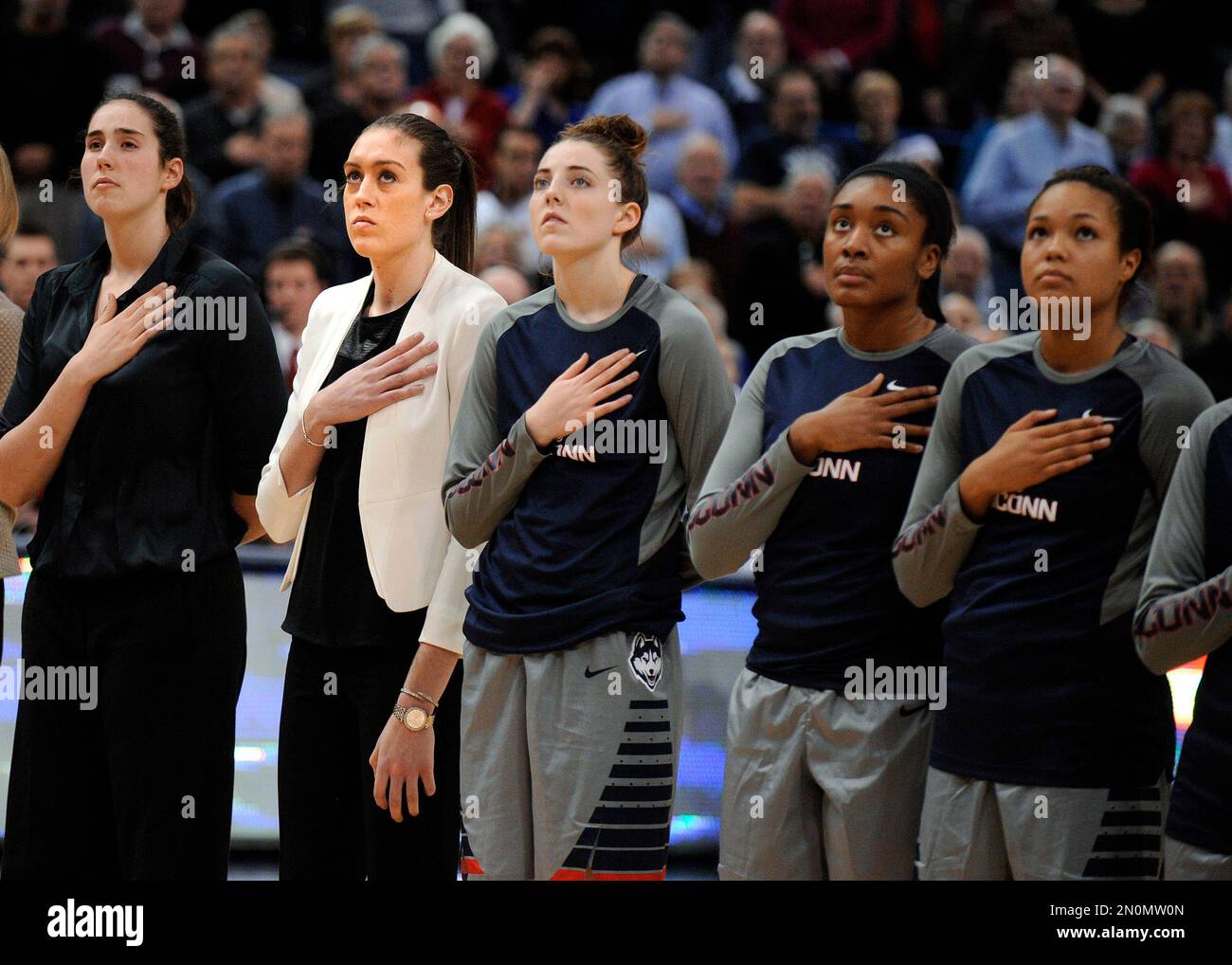 Connecticut's Breanna Stewart, second from left, listens to the