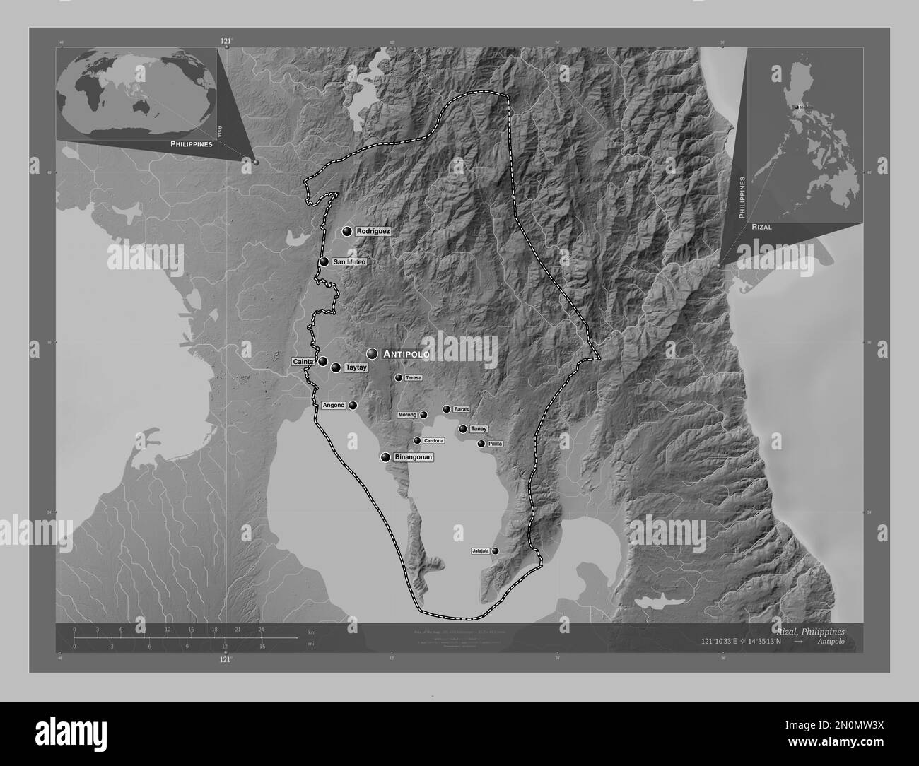 Rizal, province of Philippines. Grayscale elevation map with lakes and rivers. Locations and names of major cities of the region. Corner auxiliary loc Stock Photo
