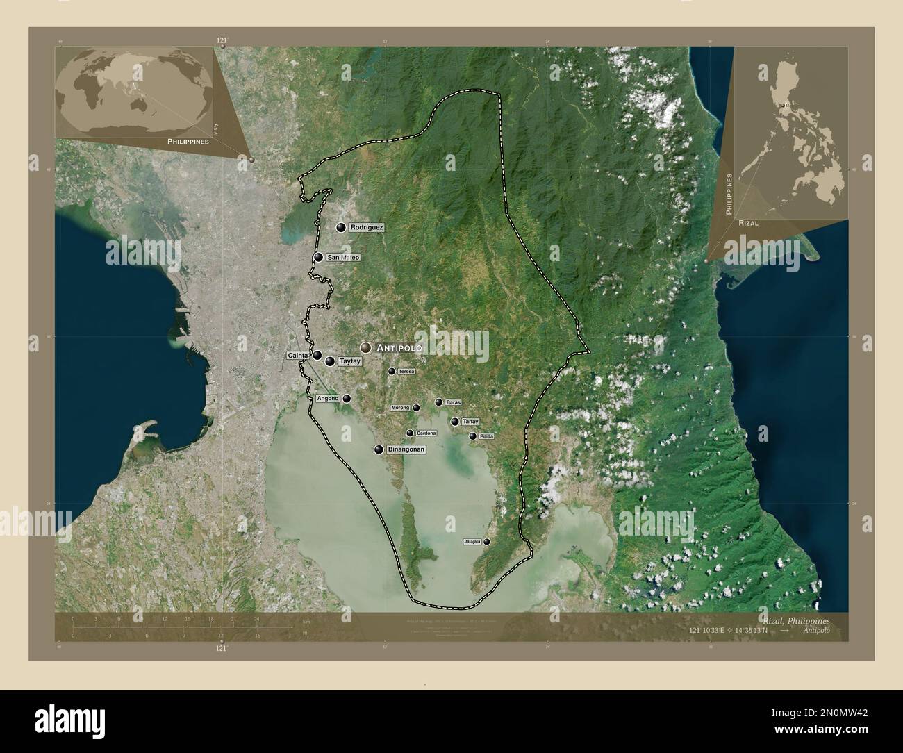 Rizal, province of Philippines. High resolution satellite map. Locations and names of major cities of the region. Corner auxiliary location maps Stock Photo